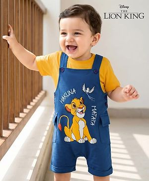 Babyhug Disney Single Jersey Knit Dungaree & Half Sleeves Inner Tee With Lion King Graphics - Blue & Yellow