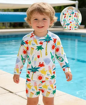Mark & Mia Full Sleeves Two Piece
                              Swimsuit with Tropical Theme Print &
                              Cap - White Red & Yellow