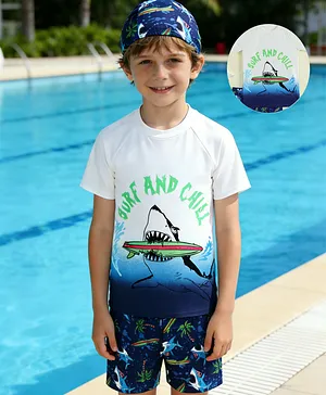 Mark & Mia Half Raglan Sleeves
                              Two Piece Swimsuit with Cap & Sea Life
                              Print - Navy Blue & White