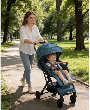 Babyhug Compact Fold Baby Stroller with Trolley Handle & Linked Brake | One-Hand Fold| 5-Point Harness| Multi-Recline Seat| Shock Absorbing Wheels| Concealed Linked Brake  Blue