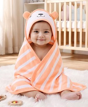 Babyhug Cotton Knit Striped Hooded Wrapper with Ear Applique L 65  X B 61 cm - Peach