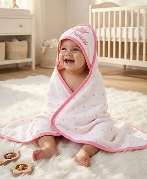 Babyhug Cotton Knit Hooded Wrapper Polka Dots Print  L 65 x B 61 cm - Pink