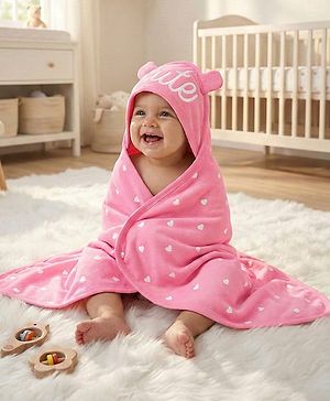 Babyhug Cotton Knit Hooded Wrapper With Hearts Print L 65 x B 61 cm - Pink