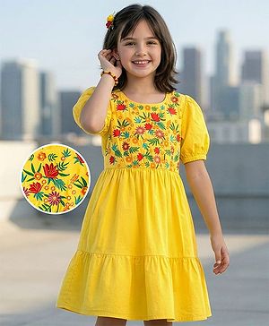 Pine Kids Cotton Woven Half Sleeves Frock with Floral Embroidery - Yellow