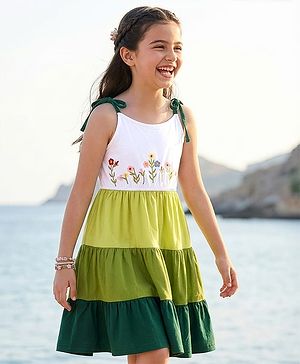 Pine Kids Cotton Knit Sleeveless Tiered Frock with Floral Embroidery - Multicolor