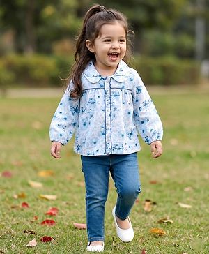 Babyhug Cotton Woven Full Sleeves Floral Printed Top & Jeans Set - Light Blue