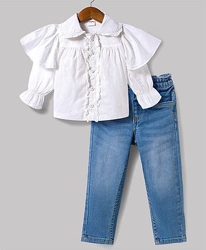 Babyhug Cotton Woven Full Sleeves Top & Jeans Set - White & Blue