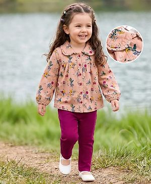 Babyhug Cotton Woven Full Sleeves Top & Lounge Pant Set With Floral Print - Multicolor