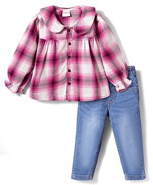Babyhug Cotton Woven Full Sleeves Checkered Top & Denim Jeans Set - Multicolor