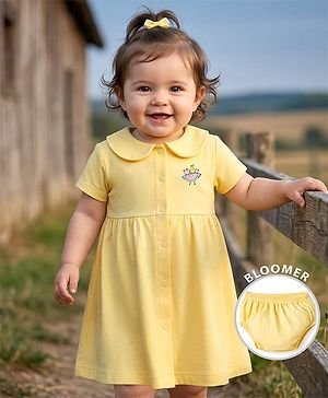 Babyhug Interlock Knit Half Sleeves Frock with Bloomer & Fruit Print - Yellow