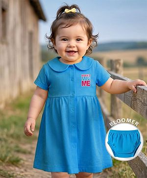 Babyhug Interlock Knit Half Sleeves Frock with Bloomer & Text Print - Blue