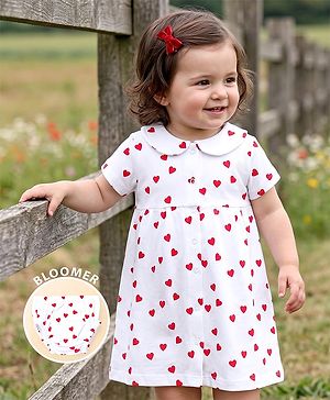 Babyhug 100% Cotton Knit Half Sleeves Polka Dots Printed Frock With Bloomer - White & Red