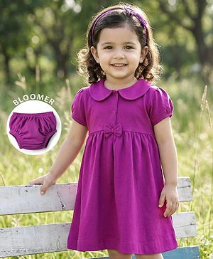 Babyhug 100% Cotton Knit Half Sleeves Solid Frock With Bloomer - Purple