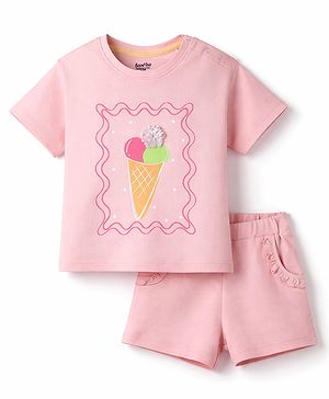 Bonfino 100% Cotton Knit Half Sleeves Oversized T-Shirt & Shorts Set with Ice Cream Print & Applique - Light Pink
