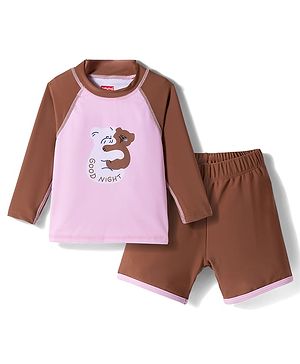 Babyhug Raglan Full Sleeves Bear Printed Two Piece Swimsuit - Pink & Brown