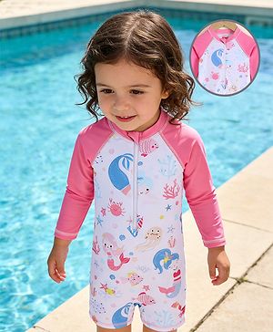 Babyhug Raglan Full Sleeves Sea Life Printed Legged Swimsuit - Pink