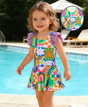 Babyhug Frill Sleeves Frock Swimsuit with Tropical Theme - Multicolor