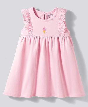 Bonfino Cotton Knit Flutter Sleeves Dress with Ice Cream Embroidery - Light Pink