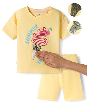 Bonfino 100% Cotton Knit Half Sleeves Oversized T-Shirt & Shorts Set with Sequin Detailing & Embroidery - Yellow