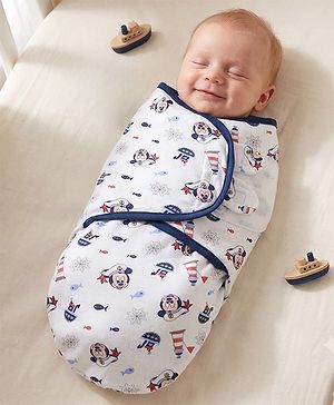 Babyhug Disney Sailor Mickey Premium Swaddle Wrapper - White Soft Breathable Cotton Adjustable Velcro Closure Gentle on Baby's Skin 0-6 Months Prevents Startling Reflex Travel Friendly