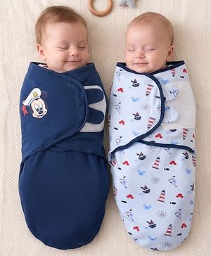 Babyhug Disney Sailor Mickey Premium Swaddle Wrapper Pack of 2 - Navy Blue Soft & Skin Friendly Cotton Velcro Closure Newborn Baby Wrapper 0 to 6 Months Prevents Startling Reflex| Trave Friendly