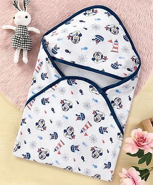 Babyhug Disney Mickey Sailor Print Premium Hooded Wrapper - White| 100% Interlock Cotton| Soft & Breathable| Lightweight & Skin Friendly| 0-6 Months| Prevents Startling Reflex| Travel Friendly