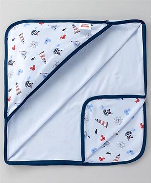 Babyhug Disney Mickey Sailor Print Premium Hooded Wrapper - Blue| 100% Interlock Cotton| Soft & Breathable| Lightweight & Skin Friendly| 0-6 Months| Prevents Startling Reflex| Travel Friendly