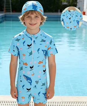 Mark & Mia Half Raglan Sleeves
                              Sea Life Printed Legged Swimsuit With Cap
                              - Light Blue