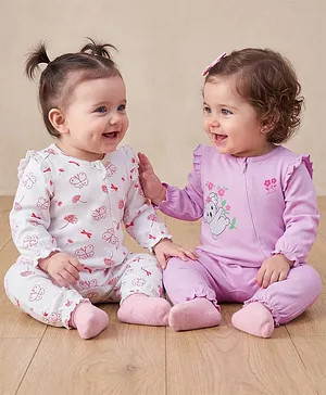 Babyoye 100% Cotton Interlock Knit
                              Full Sleeves Eco Conscious Rompers With
                              Eco Jiva Finish Koala & Butterfly
                              Print Pack of 2 - White & Pink