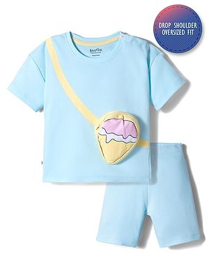 Bonfino 100% Cotton Knit Half Sleeves T-Shirt & Shorts Set With Functional Zipper Bag Applique - Blue