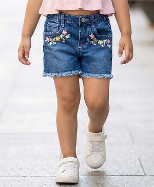 Babyhug Washed Denim Mid Thigh Length Shorts With Stretch &  Floral Embroidery - Navy Blue