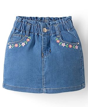 Babyhug Denim Mid Length Skirts With Floral Embroidery - Blue