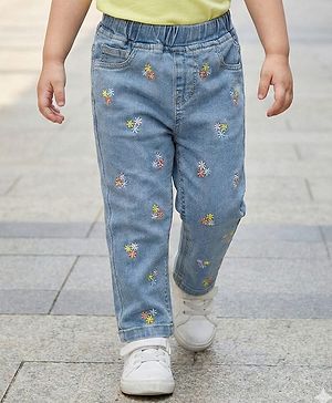 Babyhug Full Length Washed Denim Jeans With Floral Embroidery & Stretch - Blue