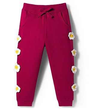Babyhug Cotton Looper Knit Full Length Lounge Pant With Floral Applique - Maroon