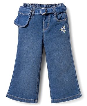 Babyhug Full Length Denim Jeans with Stretch Belt & Floral Embroidery - Blue