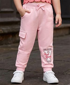 Babyhug Cotton Looper Knit Full Length Lounge Pant With Text Print - Pink