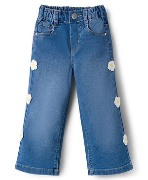 Babyhug Full Length Denim Jeans with Stretch & Floral Embroidery - Blue