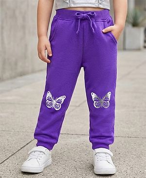 Babyhug Cotton Looper Knit Full Length Lounge Pant with Butterfly Print - Purple