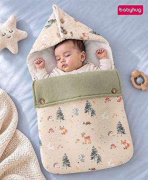 Babyhug Premium 100% Cotton Muslin Sleeping Bag - Woodland Print - Beige| Breathable Baby Sleep Sack| Hooded Swaddle Wrap| Easy Button Closure| Soft Lightweight| New Born Essential