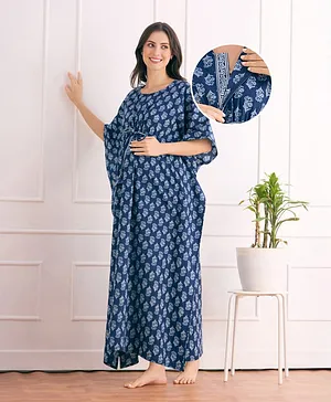 Bella Mama Cotton Woven Half Sleeves
                              Maternity Kaftan With Floral Print - Blue