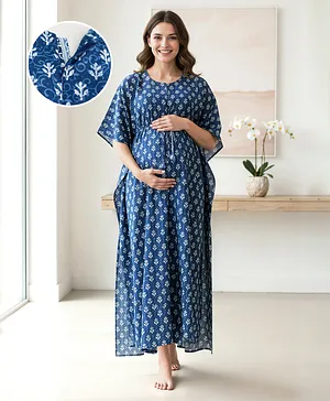 Bella Mama Cotton Woven Half Sleeves
                              Maternity Kaftan With Floral Print - Blue