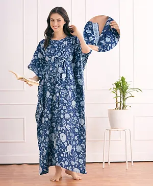 Bella Mama Cotton Woven Half Sleeves
                              Maternity Kaftan With Floral Print - Blue