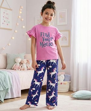 Pine Kids Single Jersey Knit Frill Sleeves Top & Pajama Night Suit With Unicorn Print - Purple