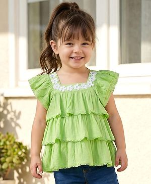 Babyhug Rayon Woven Half Sleeves Crinkle Crepe Top  With Floral Embriodery - Green