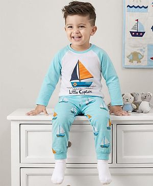 Babyhug Cotton Knit Raglan Full Sleeves Nautical Theme Printed T-Shirt & Pyjama Night Suit - White & Light Blue