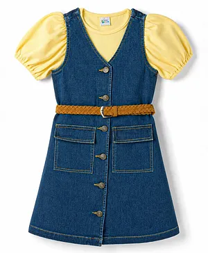 Hola Bonita Cotton Woven Solid
                                  Dress & Half Sleeves Inner Tee
                                  with Belt - Blue