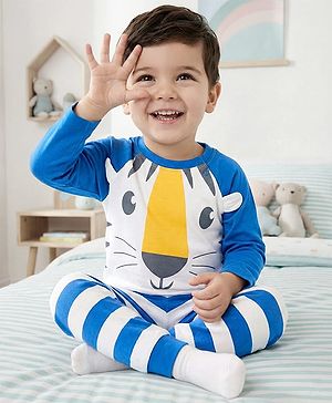 Babyhug Cotton Knit Raglan Full  Sleeves Animal Printed T-Shirt & Striped Pyjama Night Suit - White & Blue