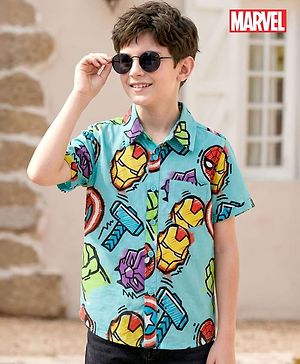 Pine Kids Marvel 100% Cotton Woven Half Sleeves Shirt With Avengers Graphics - Multicolour