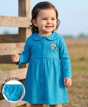 Babyhug Interlock Knit Full Sleeves Frock With Koala Print & Bloomer - Blue
