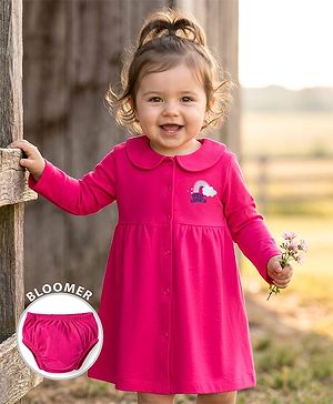Babyhug Interlock Knit Full Sleeves Frock with Bloomer & Rainbow Print - Pink